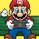 Mario sits on a bench playing Earthbound on his Switch while waiting for Mother 3.